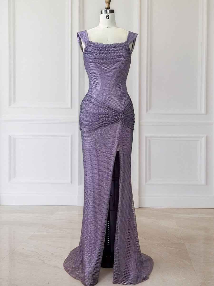Lavender Off The Shoulder Shimmer Ruched Prom Dress With Slit