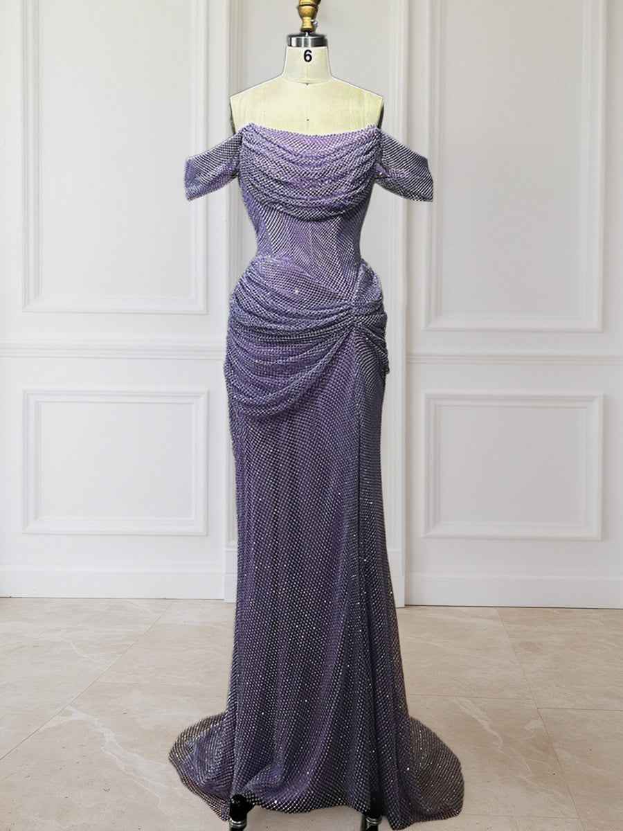 Lavender Off The Shoulder Shimmer Ruched Prom Dress With Slit