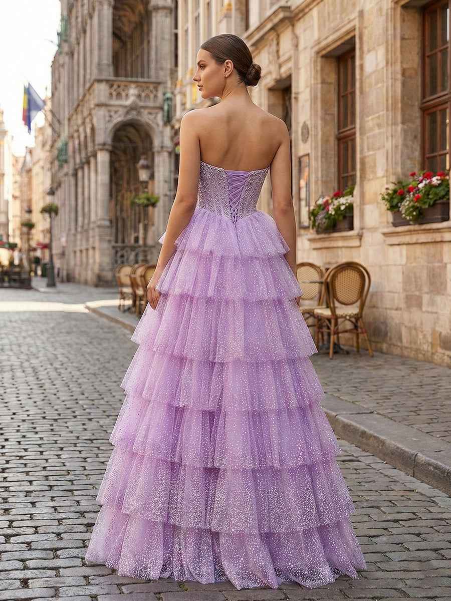 Lavender Glitter Strapless Beaded Corset Tiered Prom Dress