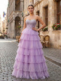 Lavender Glitter Strapless Beaded Corset Tiered Prom Dress