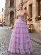 Lavender Glitter Strapless Beaded Corset Tiered Prom Dress