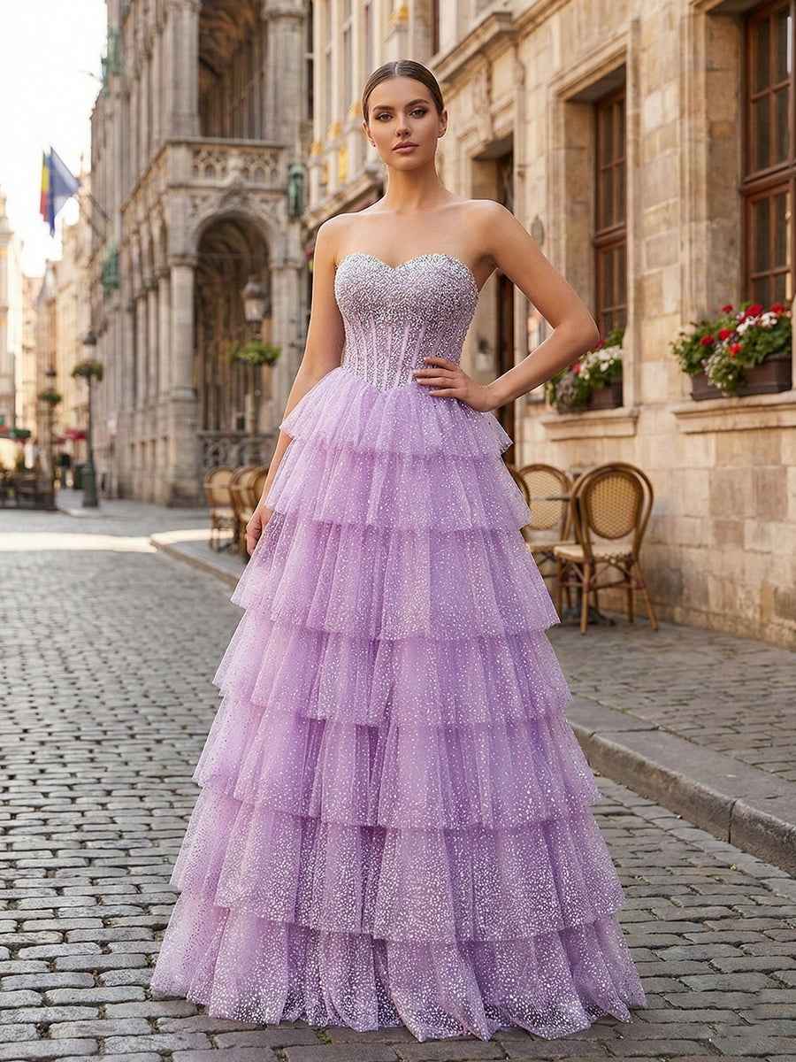 Lavender Glitter Strapless Beaded Corset Tiered Prom Dress