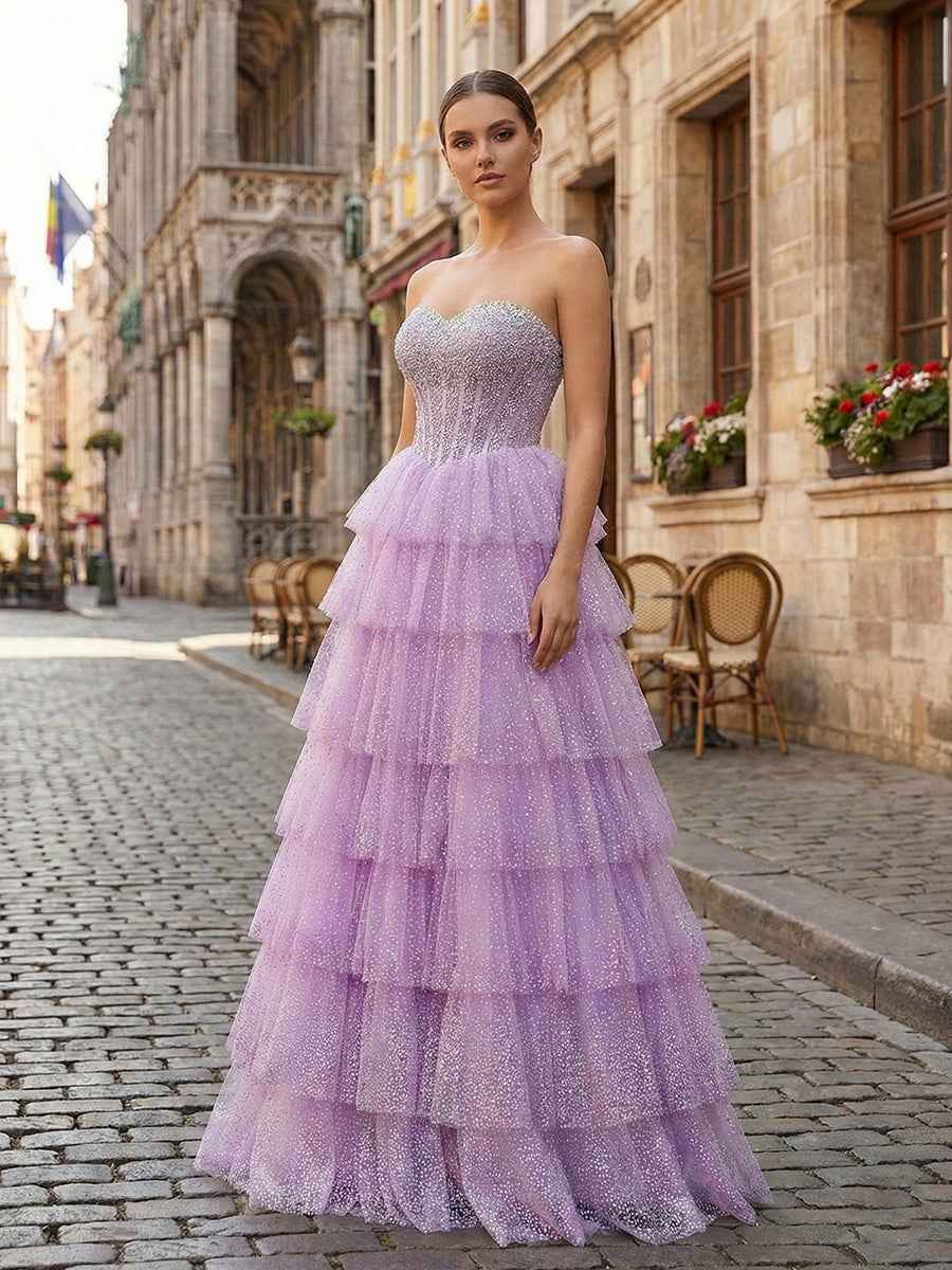 Lavender Glitter Strapless Beaded Corset Tiered Prom Dress