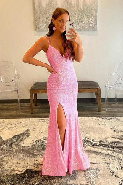 Vestido de noche de fiesta con abertura de malla y lentejuelas rosas y sirena brillante