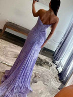 Royal Blue Beaded Lace Mermaid Prom Dress With Spaghetti Straps Slit