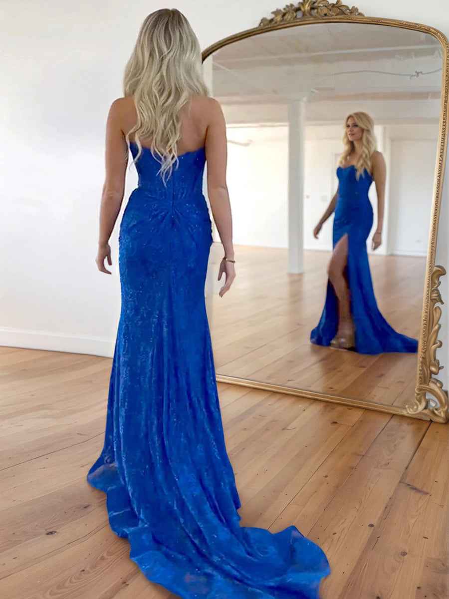 Royal Blue Beaded Lace Mermaid Prom Dress With Spaghetti Straps Slit
