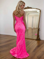 Royal Blue Beaded Lace Mermaid Prom Dress With Spaghetti Straps Slit