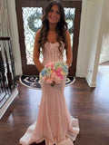 Glitter Pink Mermaid Strapless Sweetheart Long Prom Dress With Train