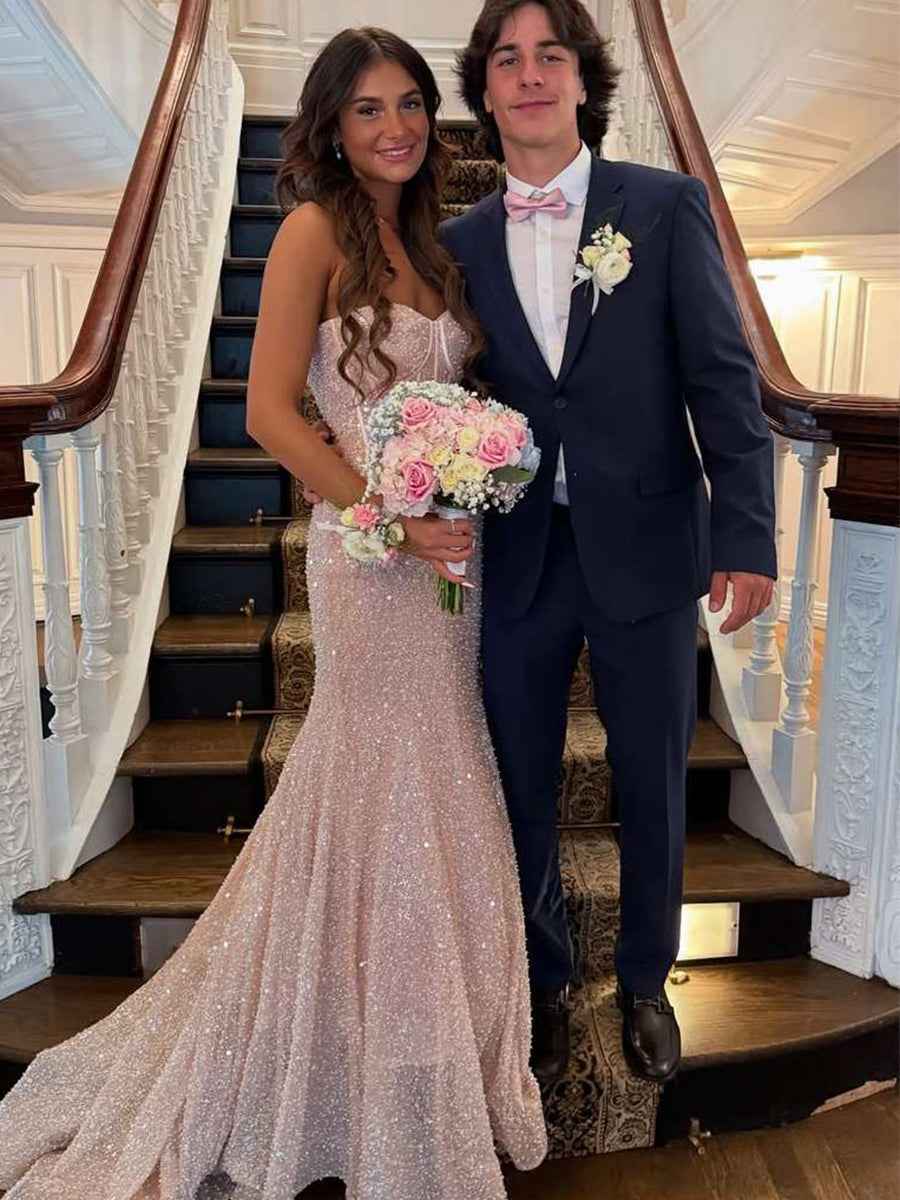 Glitter Pink Mermaid Strapless Sweetheart Long Prom Dress With Train