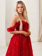 Red A Line Corset Bodice Ruffled Tulle Prom Dress