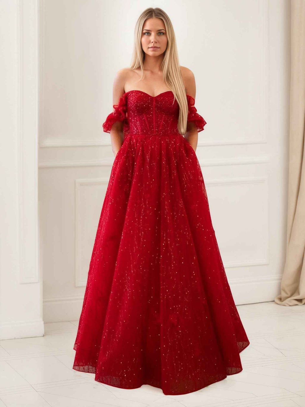Red A Line Corset Bodice Ruffled Tulle Prom Dress