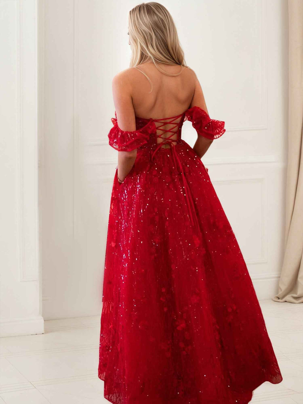 Red A Line Corset Bodice Ruffled Tulle Prom Dress