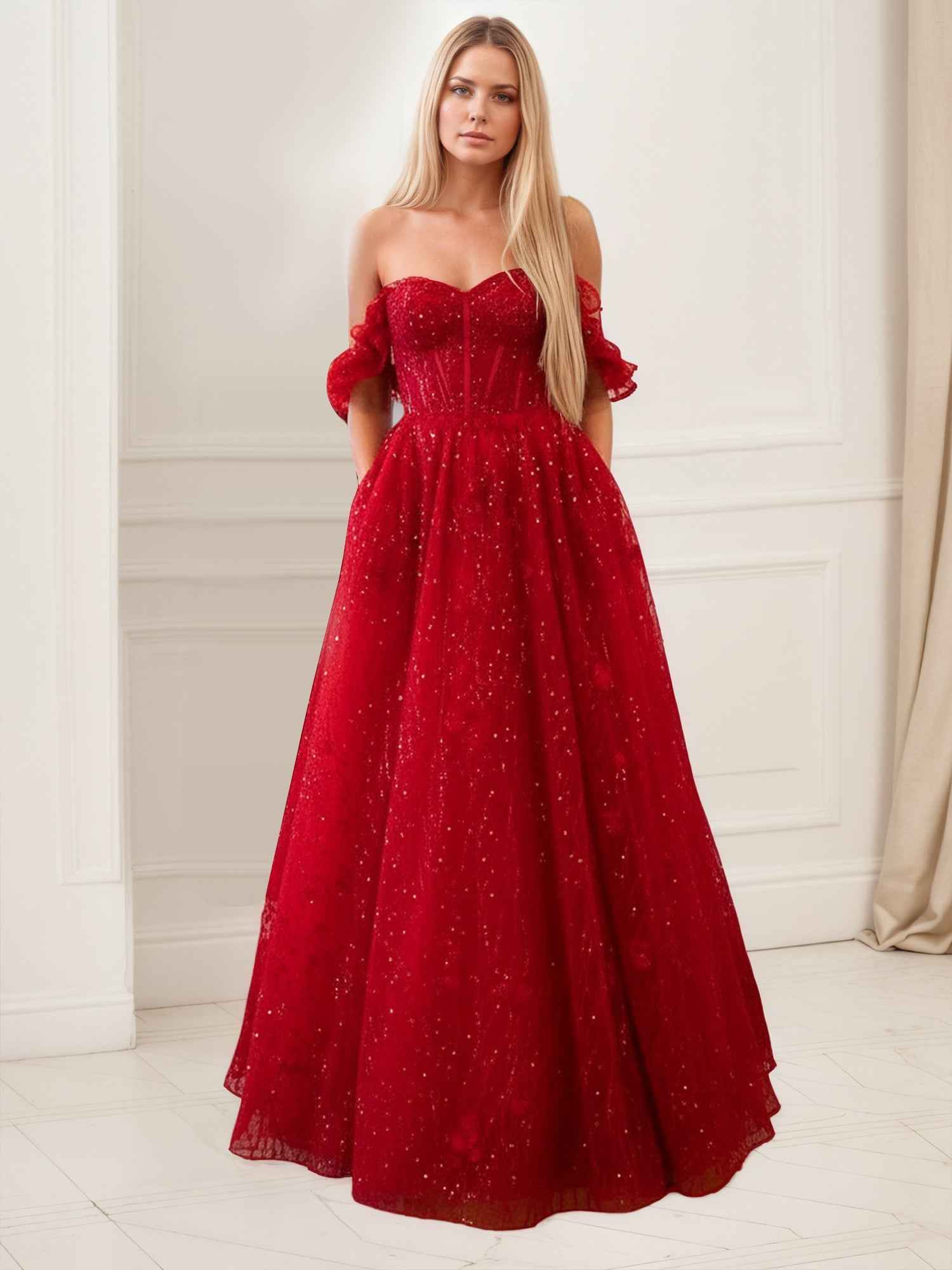 Red A Line Corset Bodice Ruffled Tulle Prom Dress