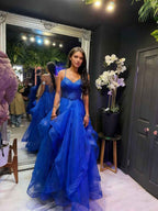 Royal Blue Glitter Tiered Tulle Corset Prom Dress With Lace Up Back