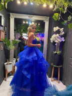 Royal Blue Glitter Tiered Tulle Corset Prom Dress With Lace Up Back