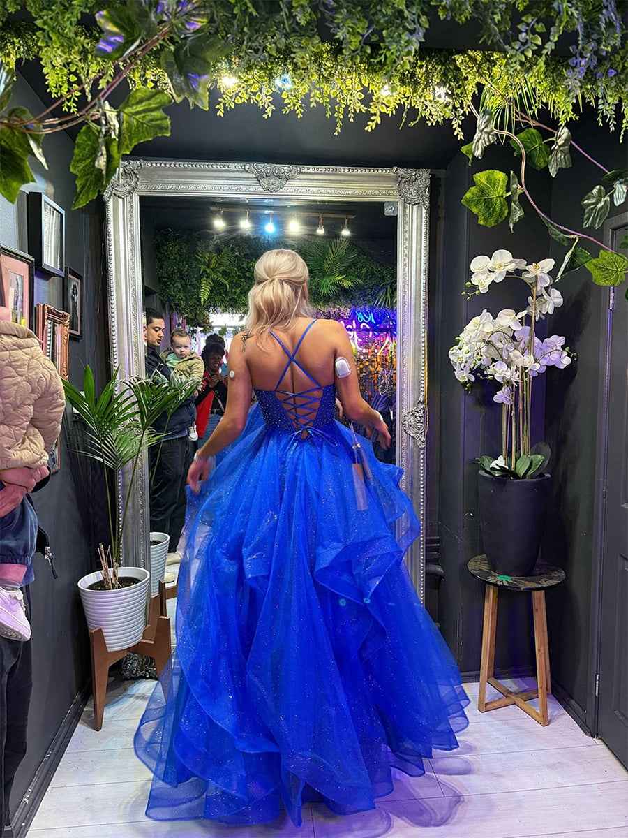 Royal Blue Glitter Tiered Tulle Corset Prom Dress With Lace Up Back