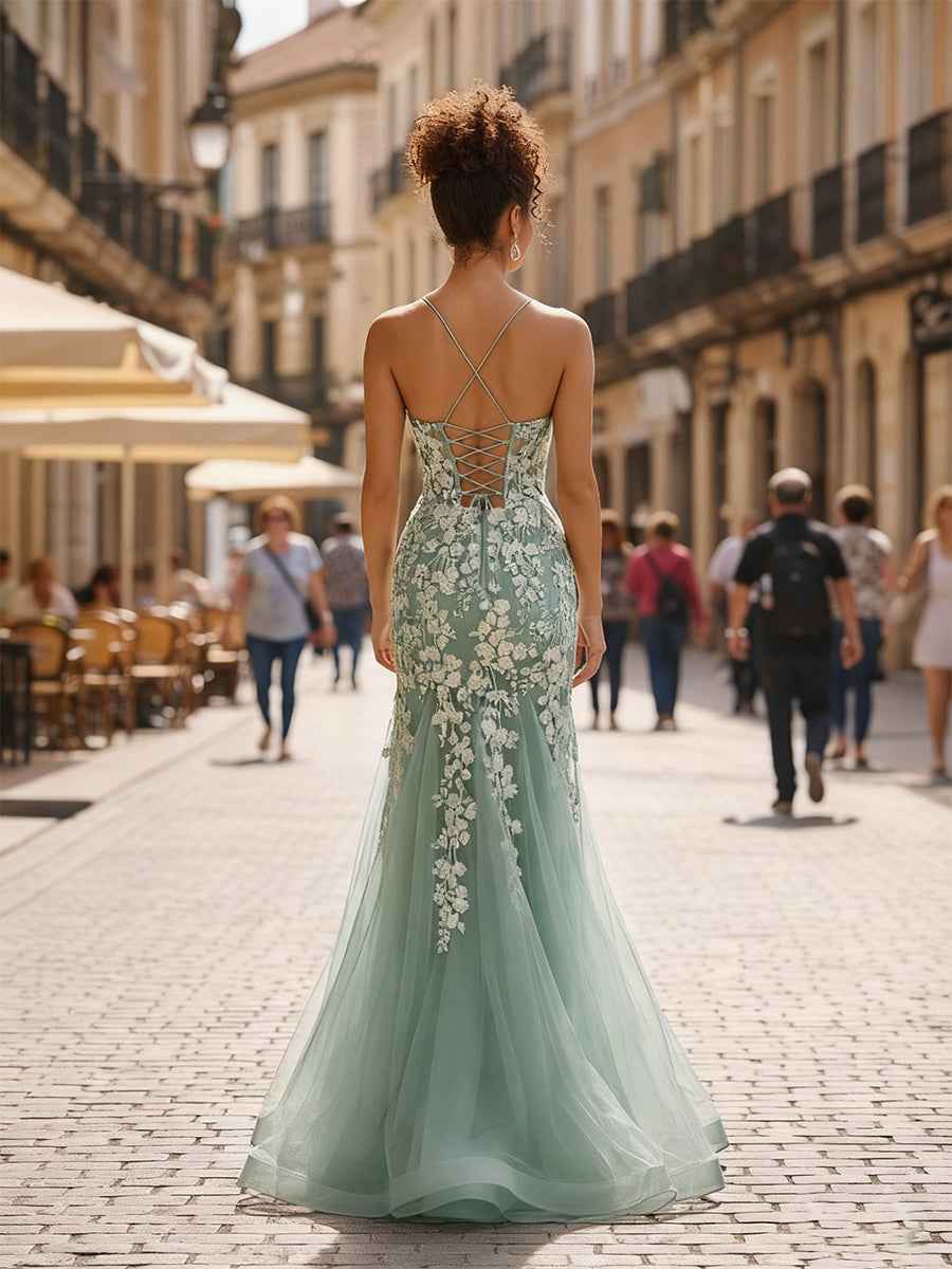 Sage Green Glitter Mermaid Tulle Prom Dress With Lace Appliques And V Neck