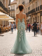 Sage Green Glitter Mermaid Tulle Prom Dress With Lace Appliques And V Neck