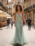 Sage Green Glitter Mermaid Tulle Prom Dress With Lace Appliques And V Neck