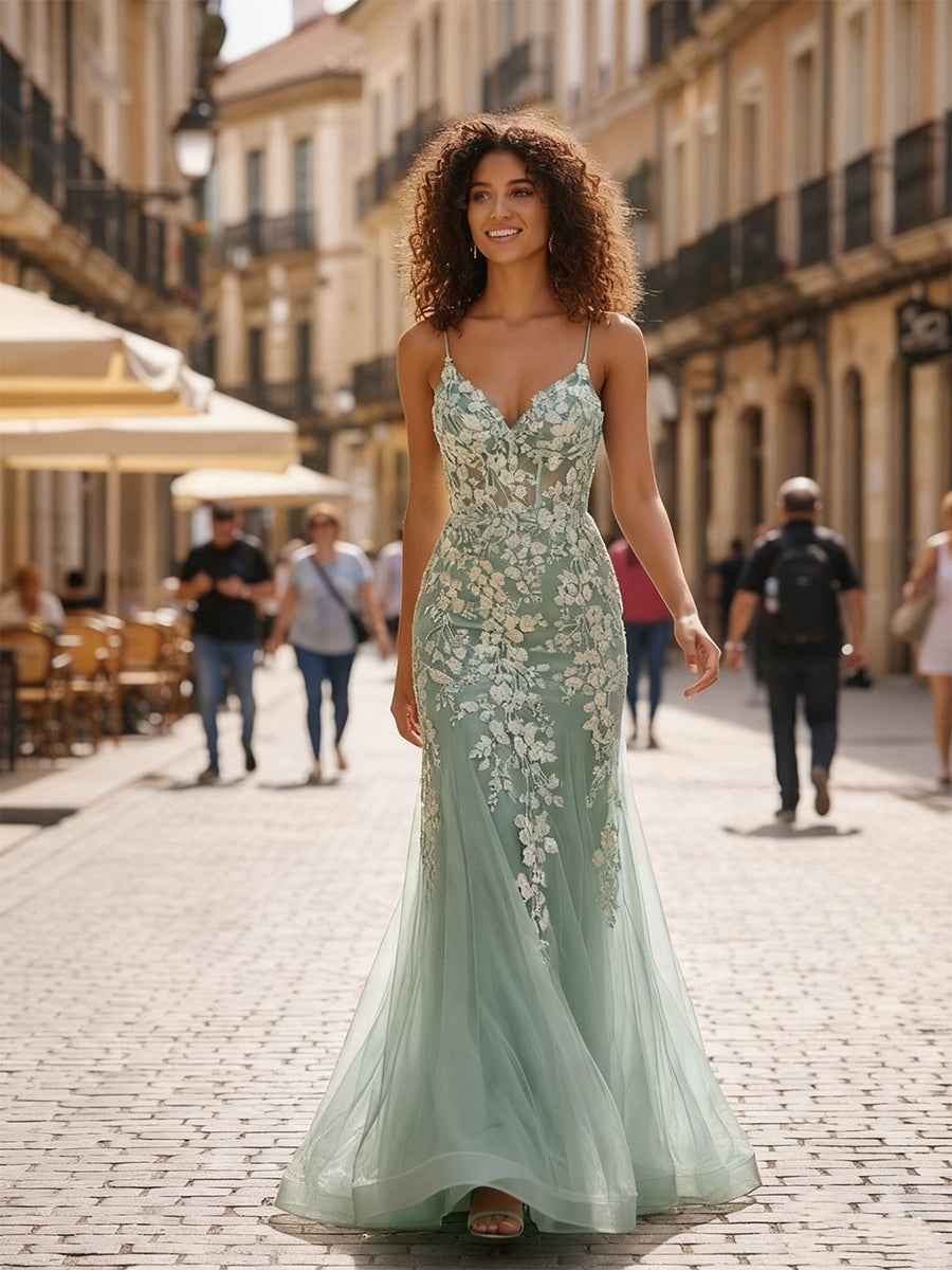Sage Green Glitter Mermaid Tulle Prom Dress With Lace Appliques And V Neck
