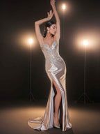 Lavender Glitter Sheer Beaded Corset Prom Dress With High Slit