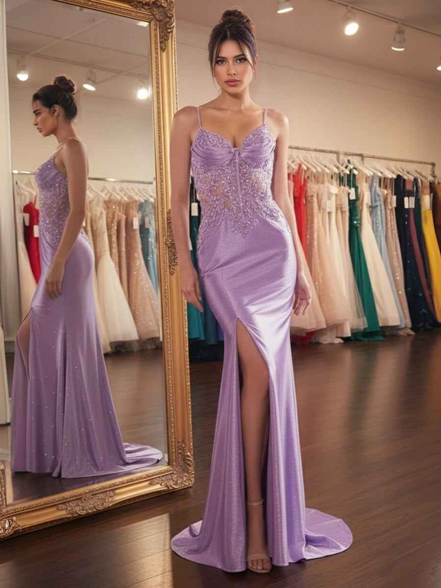 Lavender Glitter Sheer Beaded Corset Prom Dress With High Slit