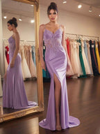 Lavender Glitter Sheer Beaded Corset Prom Dress With High Slit
