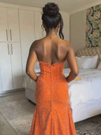 Orange Strapless Mermaid Sequin Prom Dress With Slit