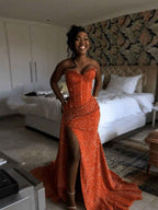 Orange Strapless Mermaid Sequin Prom Dress With Slit