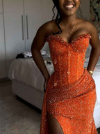 Orange Strapless Mermaid Sequin Prom Dress With Slit