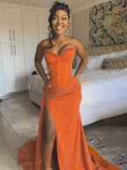 Orange Strapless Mermaid Sequin Prom Dress With Slit