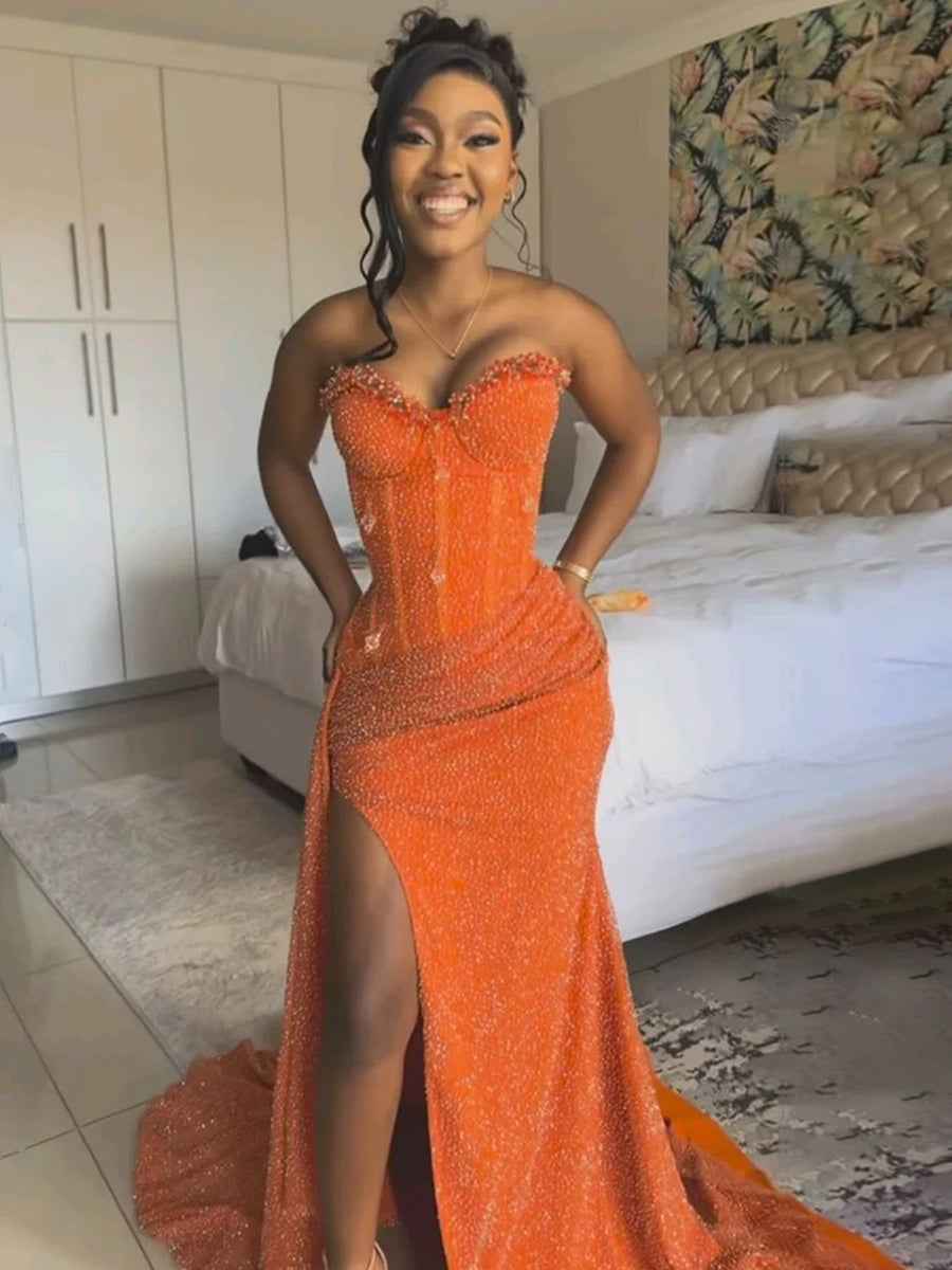 Orange Strapless Mermaid Sequin Prom Dress With Slit