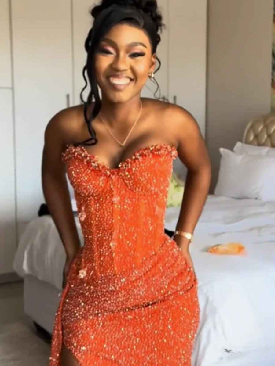 Orange Strapless Mermaid Sequin Prom Dress With Slit