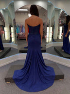 Navy Glitter Sweetheart Sheer Lace Corset Prom Dress With Slit