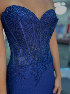 Navy Glitter Sweetheart Sheer Lace Corset Prom Dress With Slit