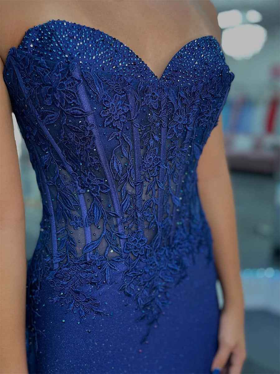 Navy Glitter Sweetheart Sheer Lace Corset Prom Dress With Slit