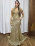 Sparkly Gold Mermaid Strapless Sequined Long Prom Dress