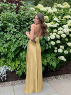 Blue A Line V Neck Beaded Back Tie Long Prom Dress