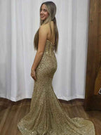 Sparkly Gold Mermaid Strapless Sequined Long Prom Dress