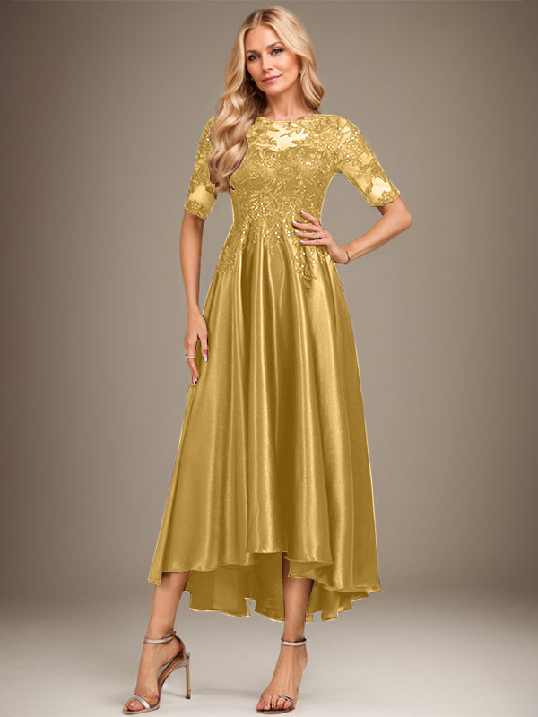 Robe de mère de la mariée en satin extensible à dentelle, coupe en A, décolleté illusion asymétrique avec paillettes