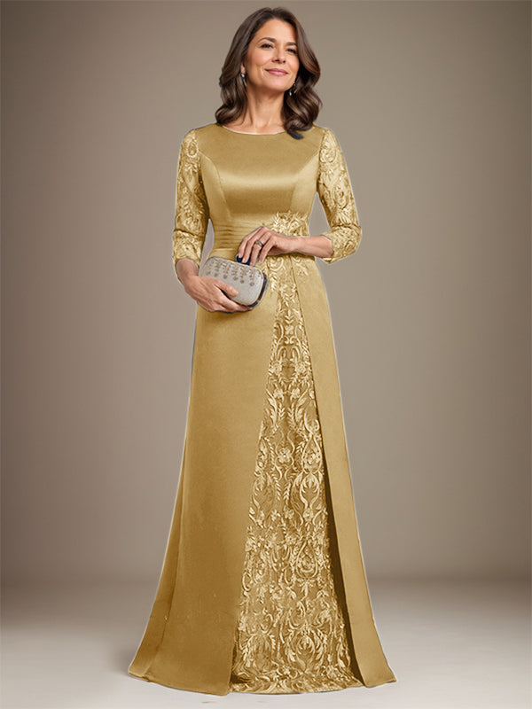A-Line Scoop Floor-Length Lace Satin Mother Of the Bride Dress With Applique