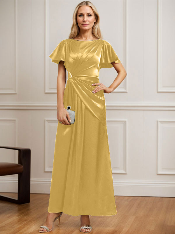 Robe de mère de la mariée en satin extensible, longueur cheville, en ligne A, décolleté arrondi, ornée de perles plissées