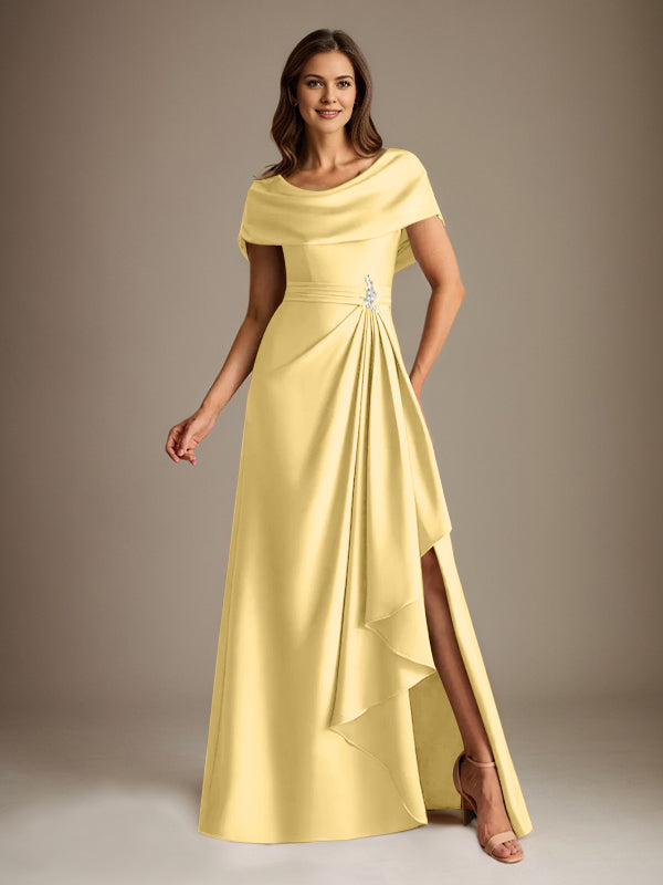 Robe de mère de la mariée en satin extensible, longueur au sol, coupe en A avec encolure dégagée et volants en cascade