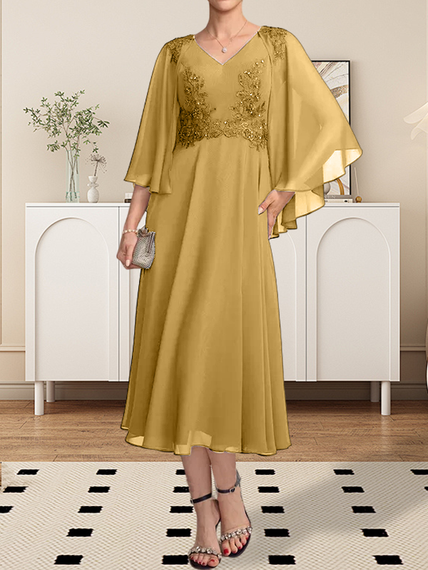 A-Linie, V-Ausschnitt, knielang, Chiffon, Spitze, Kleid für die Brautmutter mit Perlen und Pailletten