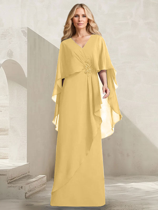 A-line V-Neck Floor-Length Chiffon Mother of the Bride Dress With Cascading Ruffles Beading