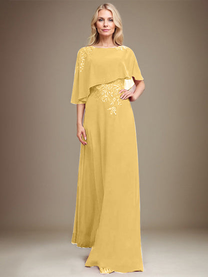 Vestido de gasa con encaje y lentejuelas para madre de la novia, corte A, largo hasta el suelo 