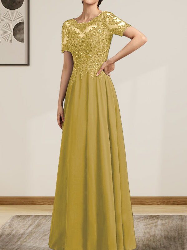A-Linie U-Ausschnitt Illusion Bodenlang Chiffon Spitze Mutter der Braut Kleid mit Pailletten Perlen