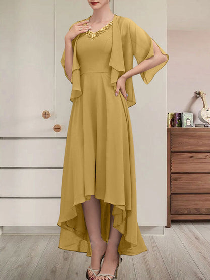 Vestido de gasa asimétrico para madre de la novia con escote en V, corte A y lentejuelas con abalorios