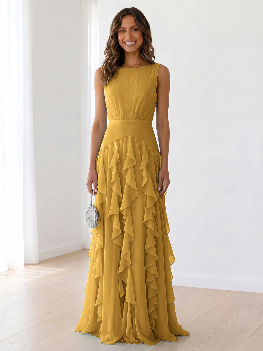 Sky Blue Tiered Chiffon Evening Maxi Dress With Ruched Bodice