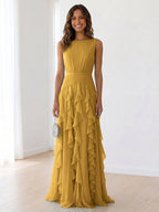 Sky Blue Tiered Chiffon Evening Maxi Dress With Ruched Bodice